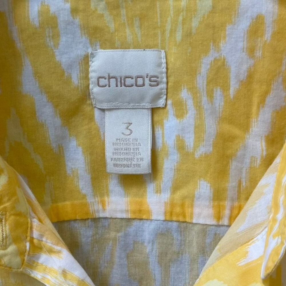 Chicos Size 3 XL Yellow White Ikat Button Down Top Blouse Lightweight - Picture 3 of 4